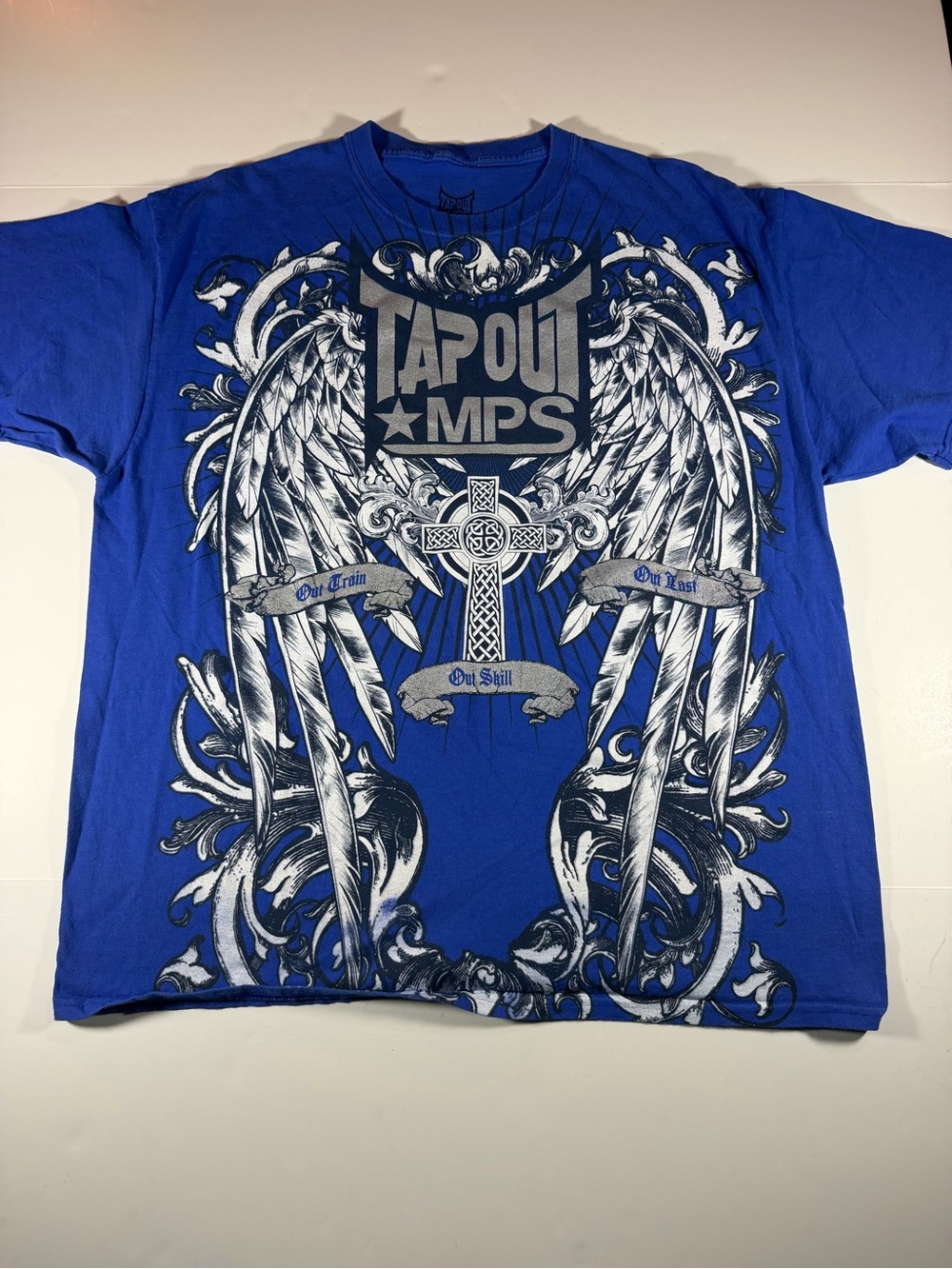 Y2K Tapout Royal Blue Tee with White Wing & Celtic Cross Graphic